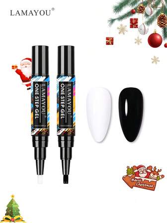 10毫升黑白双色一步式凝胶指甲油笔，相当于底油+封层+彩色凝胶三合一，可卸式凝胶指甲油，需配合LED灯使用，UV凝胶指甲油套装，黑色指甲油，白色凝胶指甲油，适用于美甲沙龙和家庭DIY