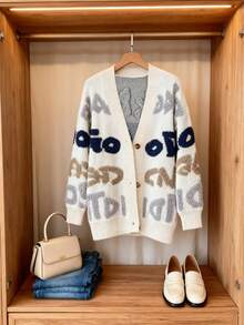 Áo khoác cardigan dệt kim dài tay cài nút, kiểu dáng thường ngày dễ thương dành cho nữ, thêu chữ 3D, thích hợp cho phong cách đường phố mùa thu/đông và đi học. - Màu be - Xem 10