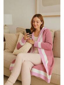 Women's Oversized Open Front Cardigan Sweater - Lightweight Alpaca Wool Long Sleeve Coatigan With Draped Pocket - Hồng - Xem 5