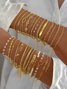 Bộ 30/19/16/14/11/6 đồng xu cổ điển thanh lịch, kim loại, ngọc trai giả, trái tim, bướm, lấp lánh, pha lê, xoắn, bộ vòng tay xích, phong cách Y2K, đeo nhiều lớp, phù hợp cho phụ nữ, mùa thu/đông, ngày lễ, tiệc tùng, hẹn hò, giáng sinh, ngày của mẹ, món quà tuyệt vời nhất - Vàng - Xem 3