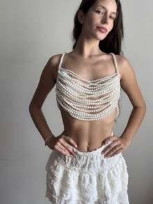 DEKUNER 1Pc High Quality Luxury Layered Women's Pearl Camisole Top Hand Knotted Fashion Sexy Pearl Body Chain - Beige - View 5