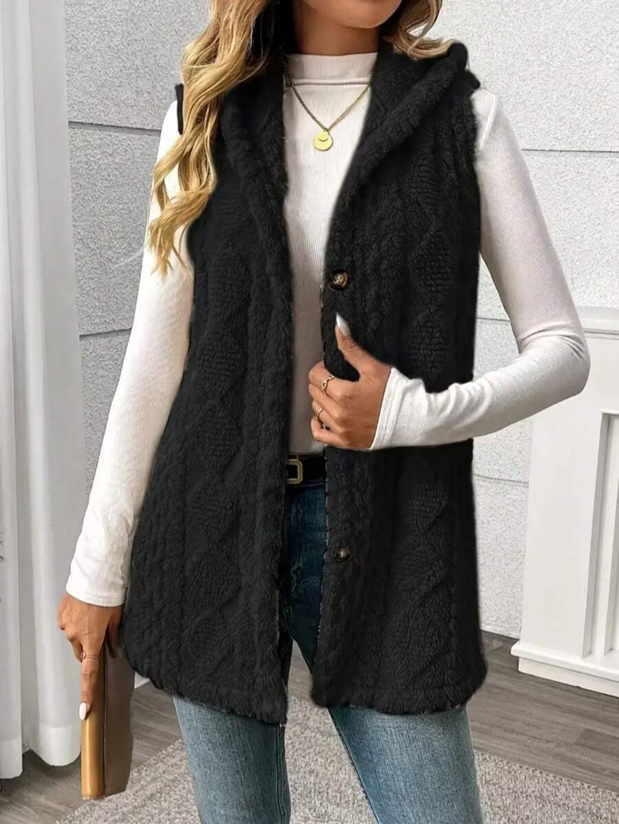 Women Solid Color Button Front Sleeveless Pocket Casual Tank Top, Daily Wear In Fall/Winter Grey Jacket Women Vest,Cozy Fall And Winter Clothes For Women - 黑色 - 查看 1