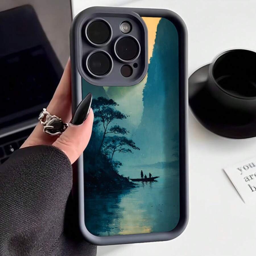 Cubierta de telefono con borde protector color gris oscuro estampado paisaje acuarela con barca y árboles para uso diario y viajes - Café integral - Ver 1