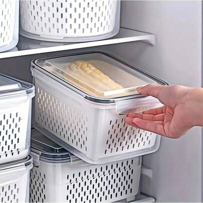 3件套ZHO TANT冰箱收纳整理盒，可堆叠，多用途，塑料材质，可重复使用，抗冲击，磁吸式封口，包含1个盖子、1个篮子、1个盒子，适用于水果、蔬菜等，用途广泛，夹扣式封口，可放入洗碗机清洗，真空密封，无需用电，长方形