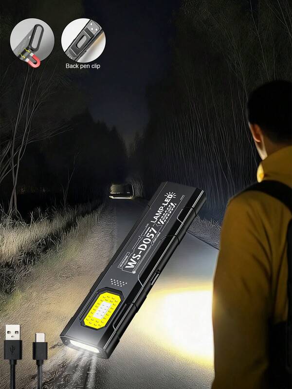 1pc Mini Ultra-Thin Flashlight, USB Rechargeable Home Emergency Light, COB Work Light, Red & Blue Flashing Light, With Pen Clip & Cap Clip Light, Portable Work Light, Mini Flashlight, Adjustable Lighting Modes, Suitable For Camping, Fishing, Running, Walking Dogs, Hiking, Emergency Lighting