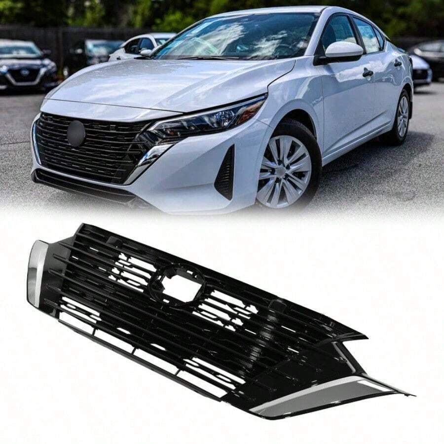 For Nissan Sentra S SV 2024 2025 Front Bumper Upper Grille Glossy Black W/Chrome - As Pic - View 1