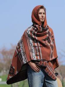 1pc Winter Jacquard Men's Hooded Cape/Poncho - Multicolor - View 2