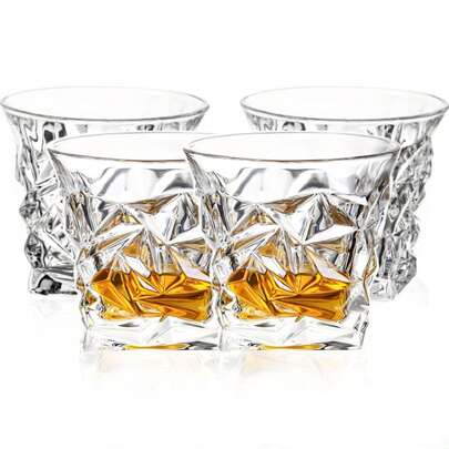 11 Oz Hand Blown Crystal Whiskey Glasses Set Of 4, Unique  Glass, Heavy Thick Bottom Bar Glass For Scotch Bourbon Rum Gin Water Cocktail,Gifts  Ideas