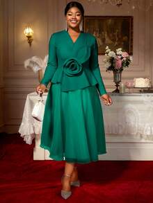 Đầm lưới dáng chữ A tay dài bất đối xứng cổ chữ V xếp nếp in hoa dành cho nữ cỡ lớn, thích hợp cho tiệc tùng, đám cưới, Giáng sinh và các dịp khác, thanh lịch mùa xuân. - màu xanh lá - Xem 6