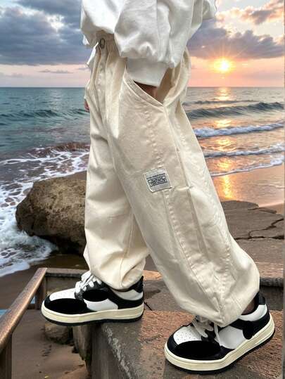 男童宽松抽绳腰阔腿轻薄棉质长裤，夏季