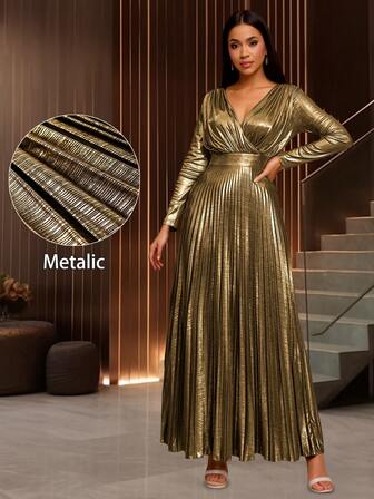 Vestido de noche de línea A con cuello en V dorado, mangas largas y plisados, para mujer, para fiesta, boda, dama de honor, graduación, invitada de boda en otoño