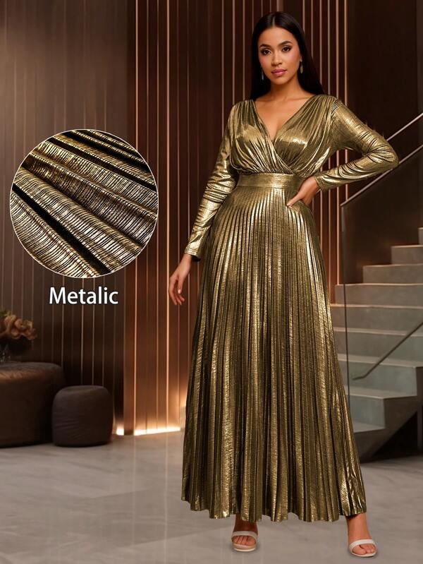 Gold V Neck Long Sleeves Pleated A Line Dresses Evening Formal Birthday Wedding Guest Women Party Outfit For Date,Party,Wedding Dress,Bridesmaid Dress,Graduation Dress,Wedding Guest Fall Women Clothes,