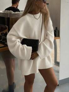 Plus Size Fall Winter New Elegant High-End Chic Women's Sweater,Long Sleeve Solid Color Round Neck Knitted Top,Dropped Shoulder Loose Cropped Casual Pullover, Autumn/Winter Clothes For Going Out Outfits,Night Out, Parties, Date Night, Country, Homecoming, Casual, Holiday Vacation Christmas Top - Teeth White - View 7