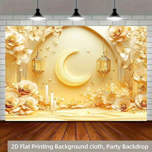 2D Polyester Ramadan Banner 1pc Golden - Themed Ramadan Decor With Crescent Moon, Lanterns, Roses And Candles Eid Al-Fitr Photo Props And Supplies, Suitable For Muslim Ramadan And Eid Al-Adha Celebrations, Islamic-Themed Holiday Decorations