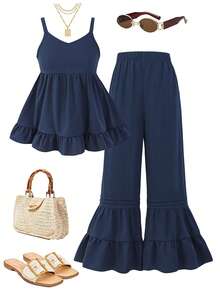 2pcs/Set Teen Girl13-16 Years Old) Slouchy Camisole Top And Wide Leg Bell Bottom Pants - Royal Blue - View 2