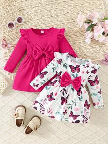 2pcs Baby Girls Simple Cute Spring/Autumn New Rose Butterfly Print Flutter Sleeve Round Neck Dress & Solid Color Ribbed Dress Set - Hot Pink - View 2