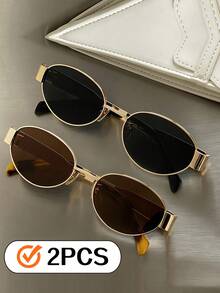 2pcs Metal Frame Oval Retro Fashion Glasses, Fashionable Design For Women, Suitable For Everyday Wear, Traveling & Beach Preppy Style For Back To School - Gold Gray + Gold Tea - View 1