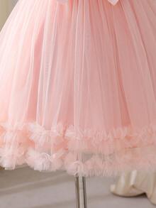 coviviky Girls' Sweet Princess Dress, Elegant Fashion 3D Butterfly Applique, Puff Sleeves And Satin Bow Waist Band Patchwork Ruffle Hem Party Wedding Flower Girl Dress - Pink - View 6