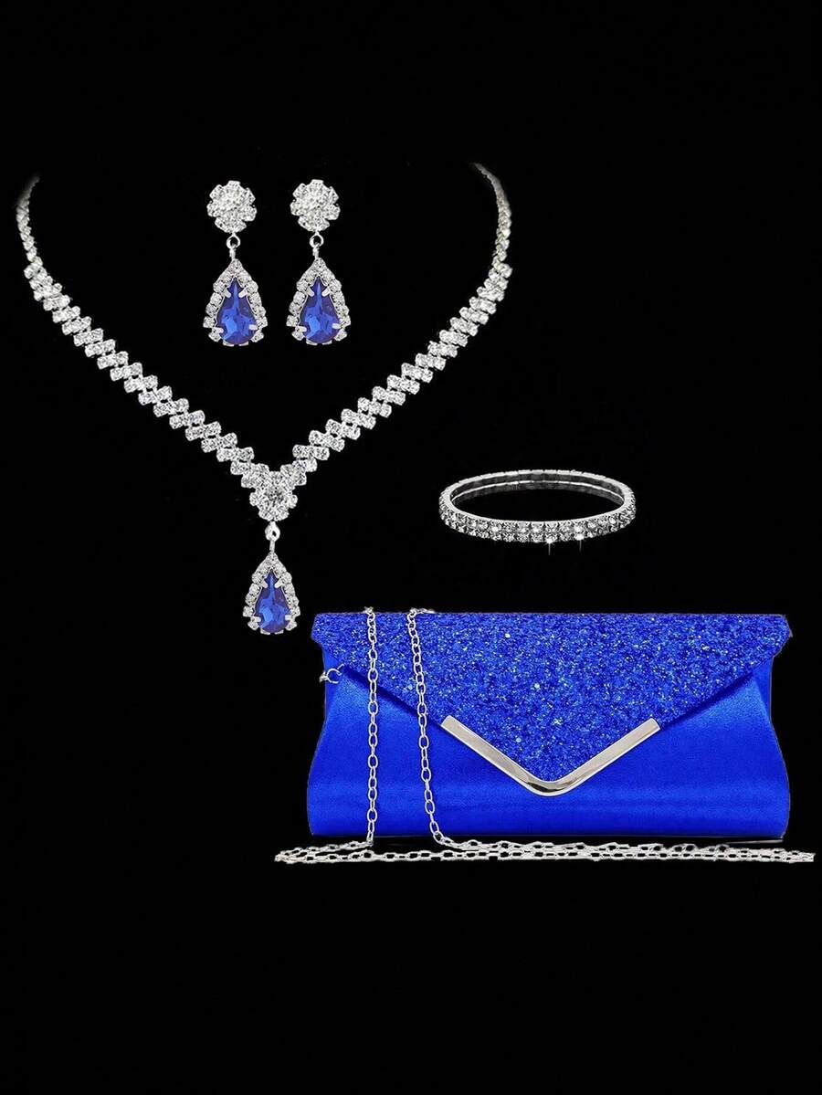 Women's Elegant Luxury Sequin Decorated Party Evening Bag, Rhinestone Chain Shoulder Bag With Earrings, Necklace And Bracelet Set, Prom Bag For Party - Blue - View 1