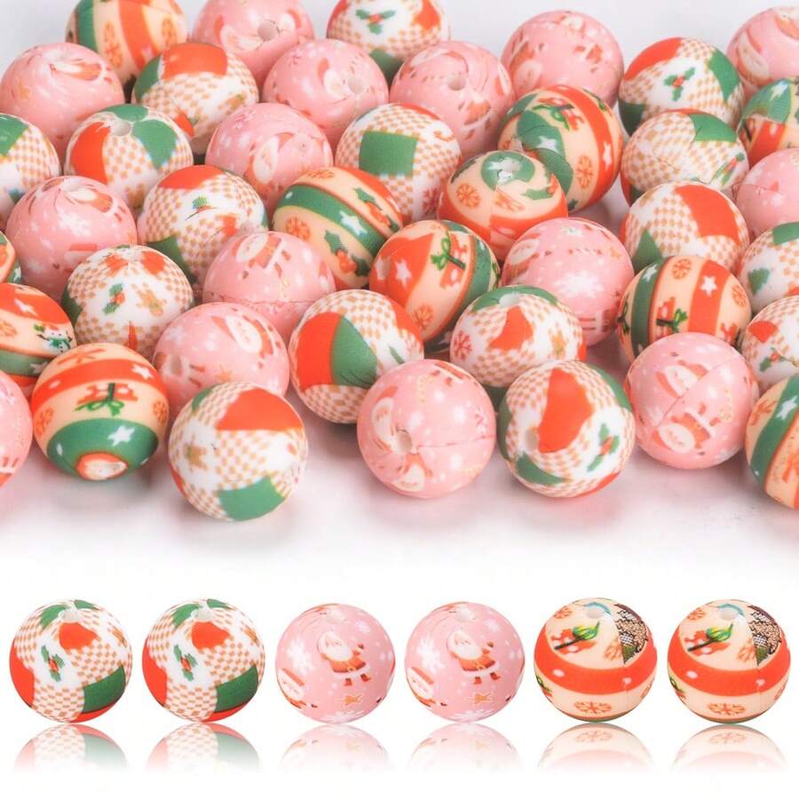 10 pièces Perles de silicone imprimées de Noël mignonnes de 15 mm - Fournitures d'artisanat et perles décoratives de mode pour la création de bijoux DIY, colliers, bracelets, porte-clés, lanyards de badge d'identité et stylos à perles. Cadeau de Noël unisexe pour les artisans, les étudiants, les employés de bureau et les acheteurs de cadeaux - perles en silicone imprimées de Noël - Voir 1