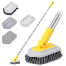 3 In 1 Shower Cleaning Brush With Locking Head, Tub Tile Scrubber Brush With 50 Inch Long Handle Stiff Bristles Scouring Pads Microfiber For Cleaning Bathtub Shower Wall Bathroom - Màu vàng - Xem 7