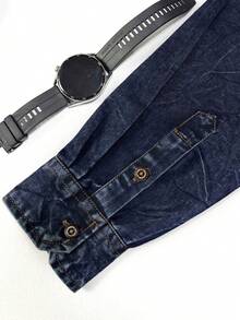 Blue Denim Long-Sleeved Shirt, Fashionable New Style, Slim Fit, Casual And Versatile, High-End Look, Double Pockets. - Xanh đậm - Xem 4