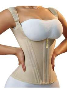 Corset modelator pentru femei | Bretele reglabile pentru umeri și suport cu țesătură osoasă | Lenjerie modelatoare cu compresie dublă, închidere cu fermoar | Material latex neted, negru, la modă | Vestă modelatoare pentru abdomen, îmbunătățește silueta și talia, articol vestimentar modelator | Etanșare sigură cu fermoar | Lenjerie modelatoare abdominală - Bej - Vizualizare 5