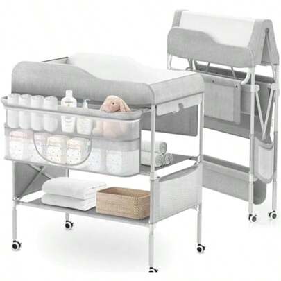 Portable Baby Changing Table Folding Mobile Nursery Organizer With Wheels Waterproof Diaper Station Pad Topper For Infant Large Storage RackandAdjustable Height