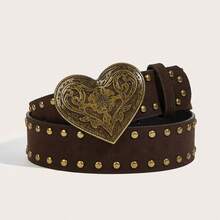 1pc Vintage Alloy Buckle Printed PU Leather Belt, Suitable For Western Cowgirl Style - Coffee - View 7