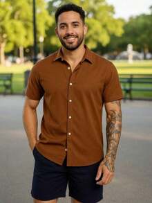 Men's Kit: Short-Sleeved Shirt With Italian Collar And Plain Shorts. Premium Set, Comfortable, Lightweight And Cool, Perfect For Summer, New Year's Eve And Christmas. - 咖啡棕 - 查看 1