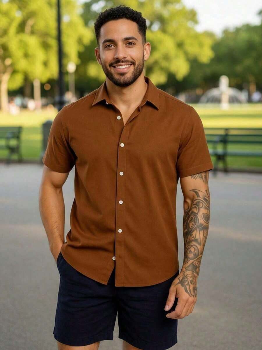 Men's Kit: Short-Sleeved Shirt With Italian Collar And Plain Shorts. Premium Set, Comfortable, Lightweight And Cool, Perfect For Summer, New Year's Eve And Christmas. - 咖啡棕 - 查看 1
