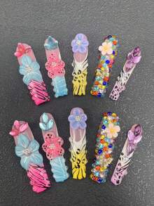 10-Piece Pure Handmade Nail Press Nails 55mm Square Ultra-Long Nails French Leopard-Print Nails Multi-Color With Three-Dimensional Styling Glue Carving Technology Butterfly Two Diamonds And Other Accessories Cute Fashion Versatile Suitable For Women To Wear Three Sizes Can Be Selected For A Variety Of Occasions Party Ball And Daily Wear - 彩色 - 查看 1