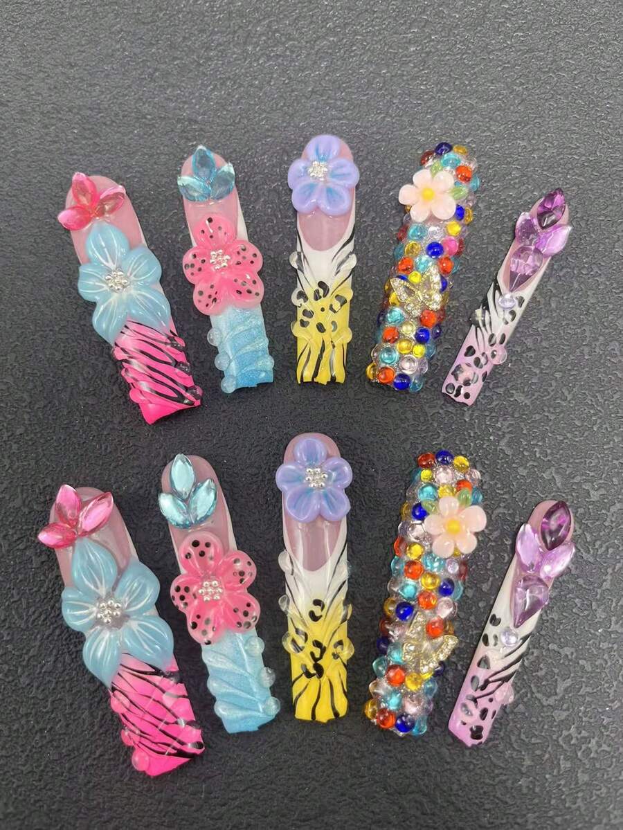 10-Piece Pure Handmade Nail Press Nails 55mm Square Ultra-Long Nails French Leopard-Print Nails Multi-Color With Three-Dimensional Styling Glue Carving Technology Butterfly Two Diamonds And Other Accessories Cute Fashion Versatile Suitable For Women To Wear Three Sizes Can Be Selected For A Variety Of Occasions Party Ball And Daily Wear - 彩色 - 查看 1