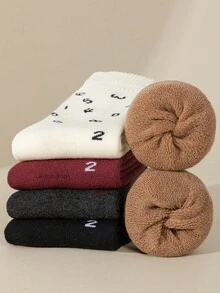 5双装女士加厚船袜，保暖隔热内衬，带数字图案，冬季舒适袜 - 彩色 - 查看 3