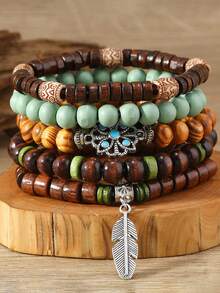 5pcs/Set Bohemian Style Fashionable Wood Bead, Patterned Alloy Leaf And Multi-Layered Bracelet For Men's Daily Wear, Suitable As A Gift For Friends - Multicolor - View 10
