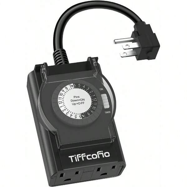 Outdoor Timer Outlet Waterproof 24 Hour Mechanical Light Timer Outdoor 2 Grounded Outlets For Home And Garden 15A 1/2HP Heavy Duty ETL Listed 1 Pack