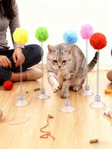 色彩鲜艳的互动猫玩具，配有毛绒球、金属弹簧逗猫棒和吸盘底座 - 无需电池，经久耐用，适合所有品种猫咪，激发狩猎本能和玩耍乐趣，狩猎模拟玩具，活力猫玩具，毛绒球玩具，室内猫玩具