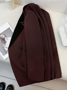 女士酒红色西装外套，黑色翻领 - 双排扣，优雅的办公及休闲装，大码外套 - 酒紅色 - 查看 3