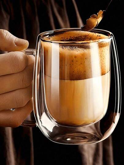 2pcs Minimalist Luxury Double-Layer Insulated Glass Coffee Mugs, Transparent With Portable Handle, Suitable For Cappuccino, Latte, Tea, Hot & Cold Drinks, Ideal For Easter, Christmas, Birthday Parties