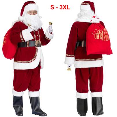 Santa Claus Costume For Men Deluxe Santa Suit 11pcs Red Adult Professional Xmas Cosplay Party Holiday Outfit