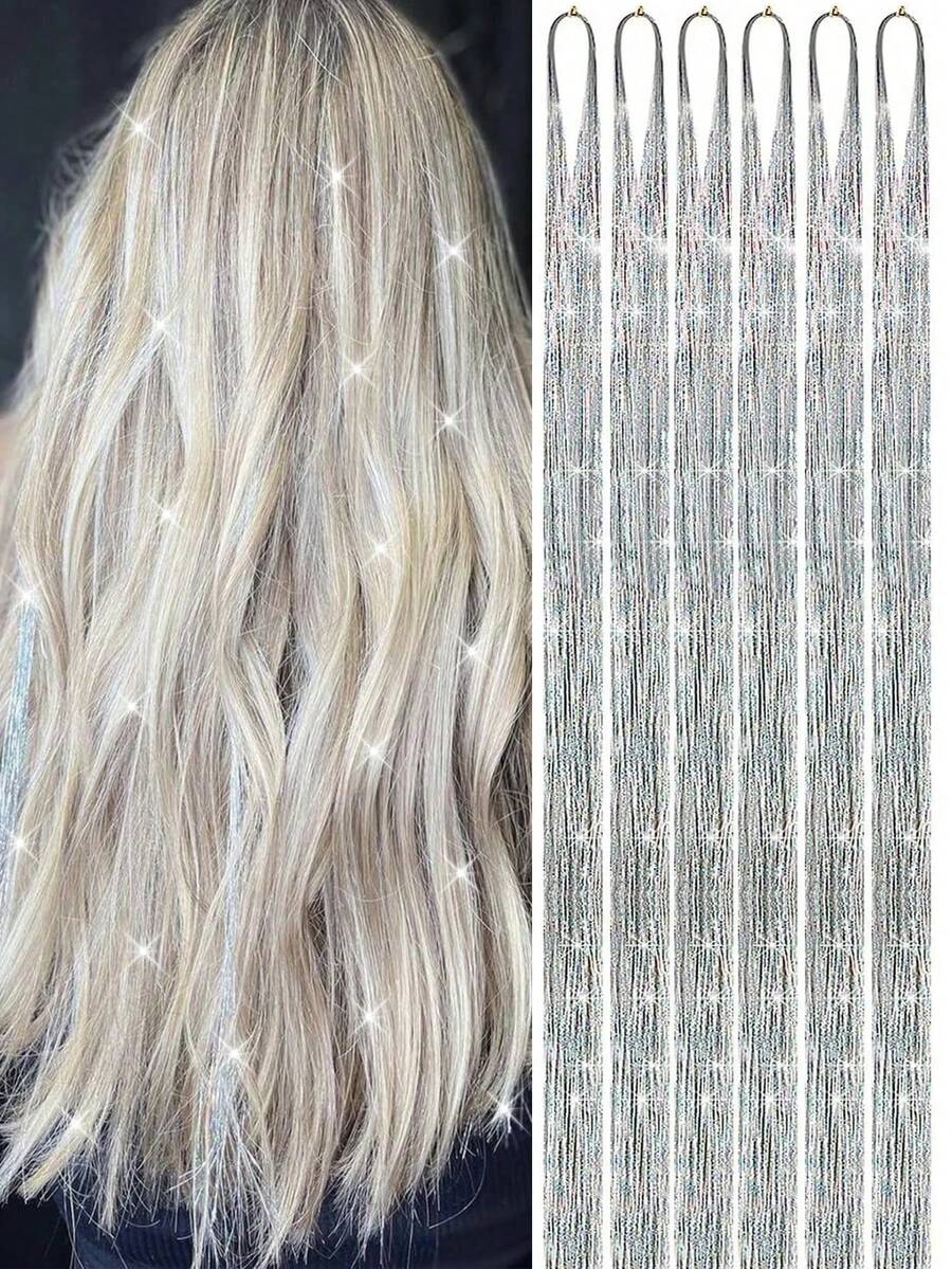 Holographic Glitter Hair Tinsel, Heat Resistant Shiny Hair Tinsel, For Christmas, New Year Party - Silver - View 1