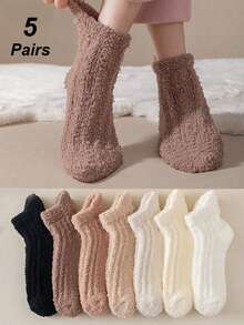 随机1/2/3/5双装女士纯色可爱休闲布艺船袜，加厚保暖舒适室内冬季睡眠袜