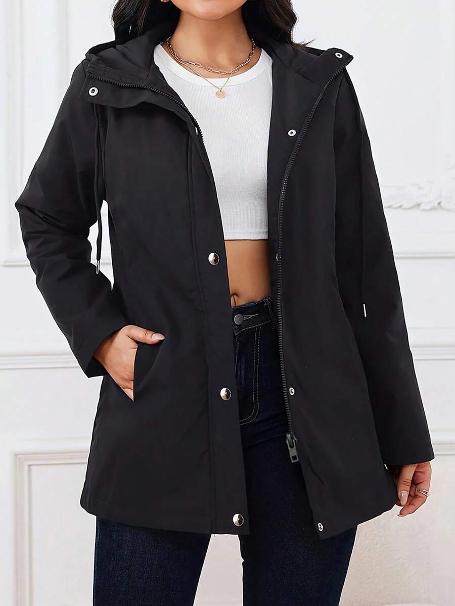 Plus Size Women Casual Hooded Jacket - Solid Color, Button Detail, Washable, Spring/Autumn - Black - View 1