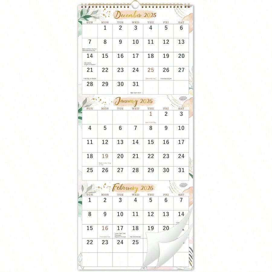 Calendario de pared 2026 CZ de 3 meses, calendario vertical de 3 meses ...