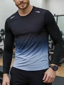 男士渐变长袖运动T恤，健身跑步训练运动上衣，秋冬季 - 黑與白 - 查看 3