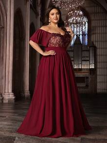 Vestido formal largo elegante de mujer talla grande con volantes en el hombro y dobladillo de gasa con aplicaciones - Burdeos - Ver 5