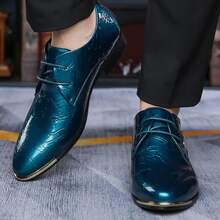 Men's Metallic Patent Leather Lace-Up Dress Shoes - Crinkled Texture & Metal Accent With Trimmed Sole Sleek Eye-Catching Footwear For Parties, Weddings & Formal Events - 綠色 - 查看 2