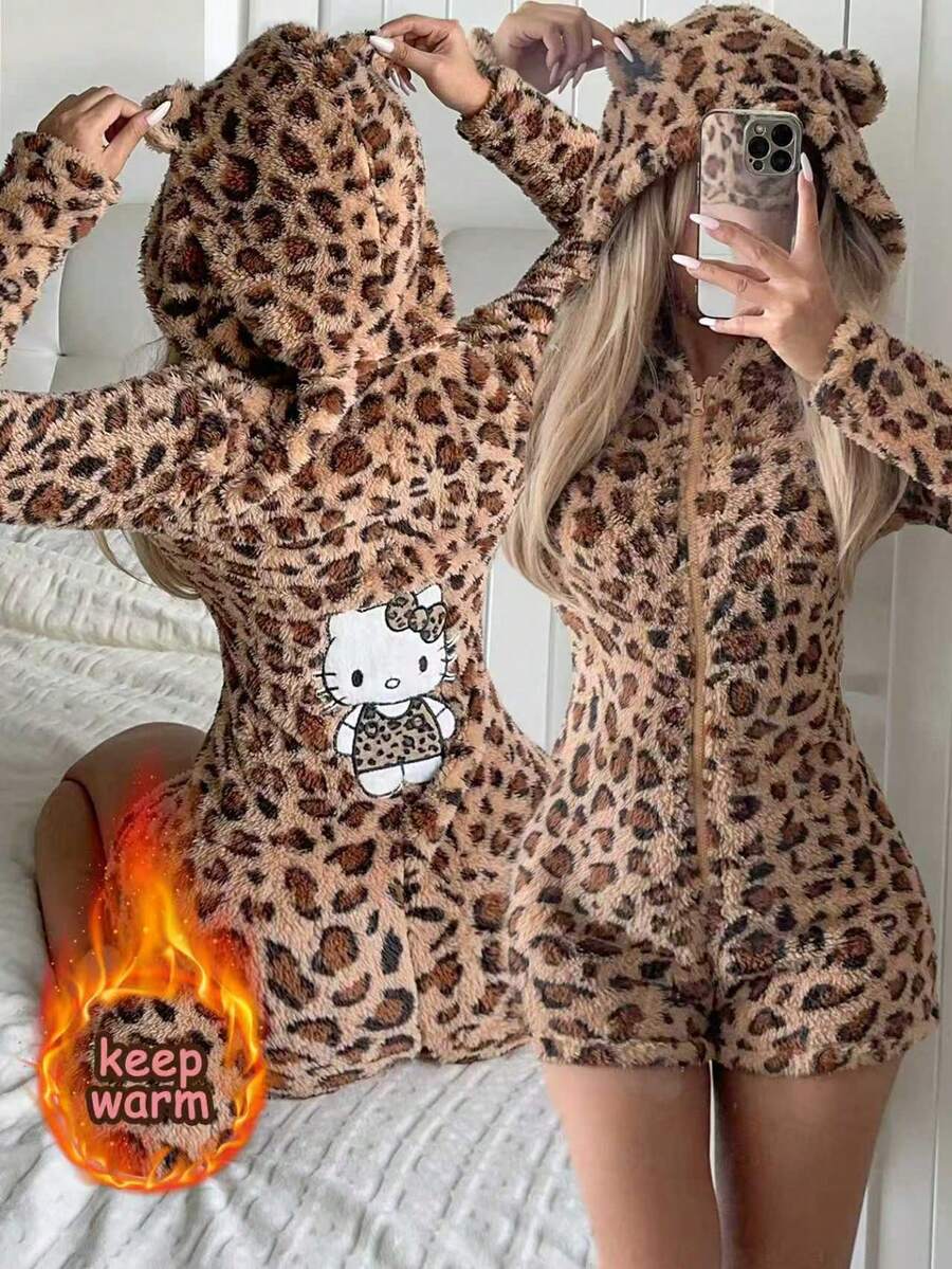 SANRIO Leopard Print Women's Casual Hooded Plush Jumpsuit, Comfortable & Minimalist, Suitable For Autumn/Winter Home Wear - Brown - View 1