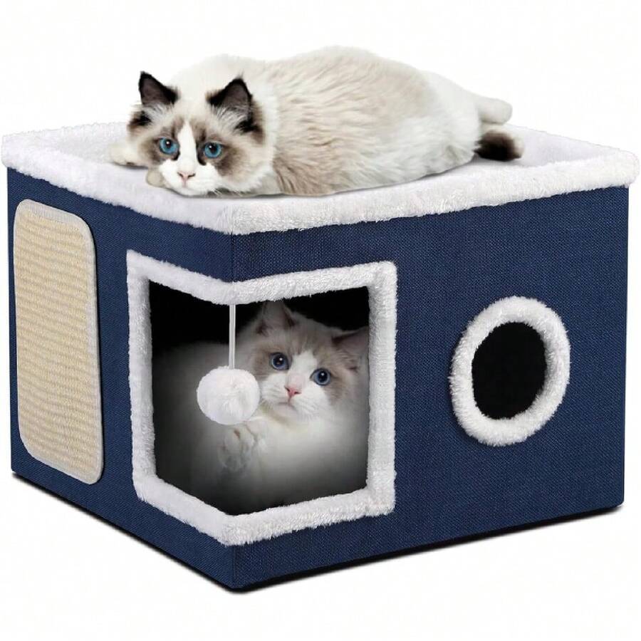 Cat Beds For Indoor Cats, Large Cat Cave With Cozy Condo, Fluffy Ball, Round Window, Foldable Indoor Cat House Hold Up To 30LBS, Cat Hideaway With Reversible Soft Cushions For All Seasons, Blue,28012524 - 寶藍色 - 查看 1
