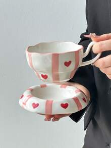 1pc Blue Striped Heart Design Ceramic Mug & Saucer Set, Cute Korean Ins Style Girly Mug With Matching Striped Heart Coaster, Ideal Choice For Breakfast, Tea Or Coffee Cup, Perfect Birthday Or Holiday Gift, Suitable For Home Use
